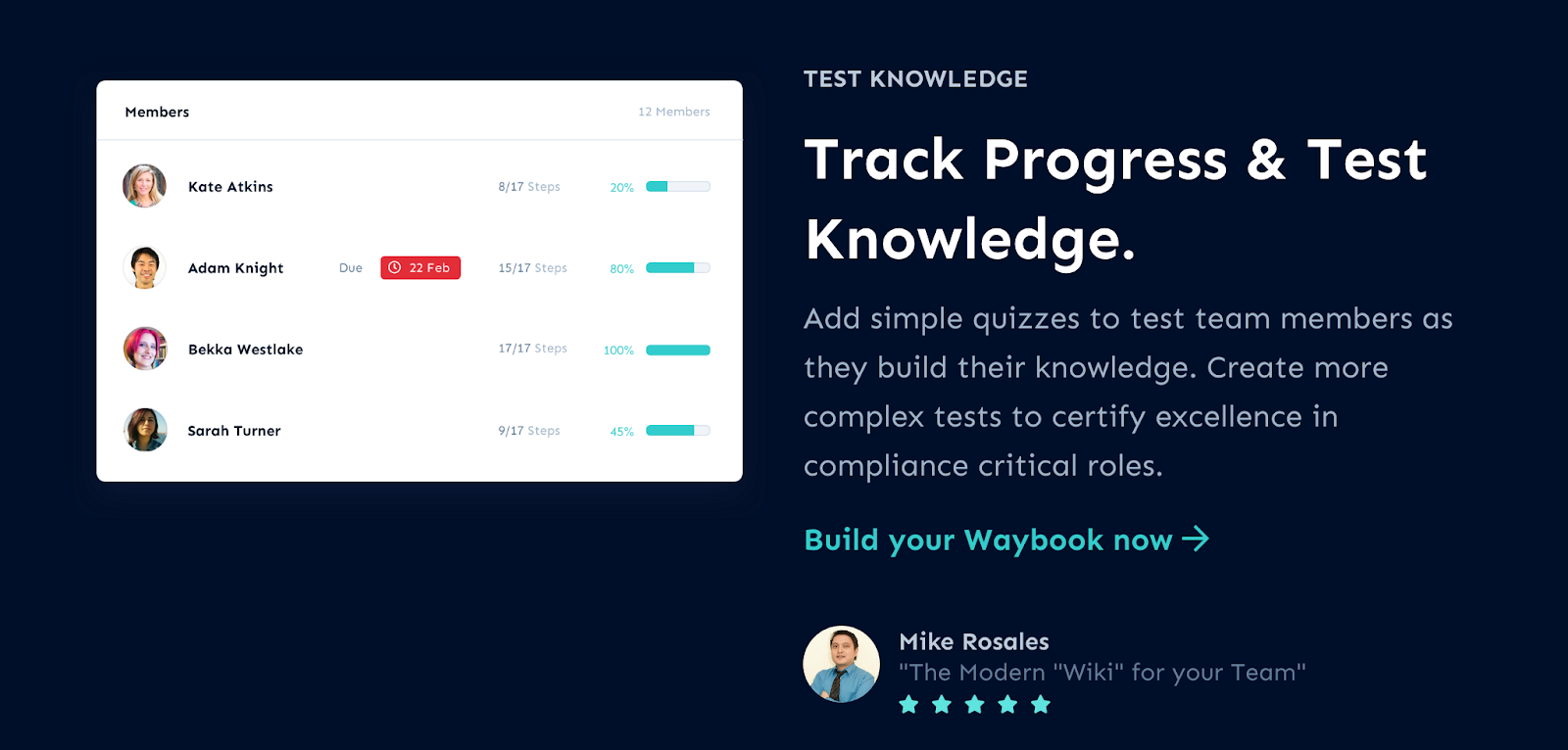 test knowledge: track progress and test knowledge. add quizzes to test team members as they build heir knowledge