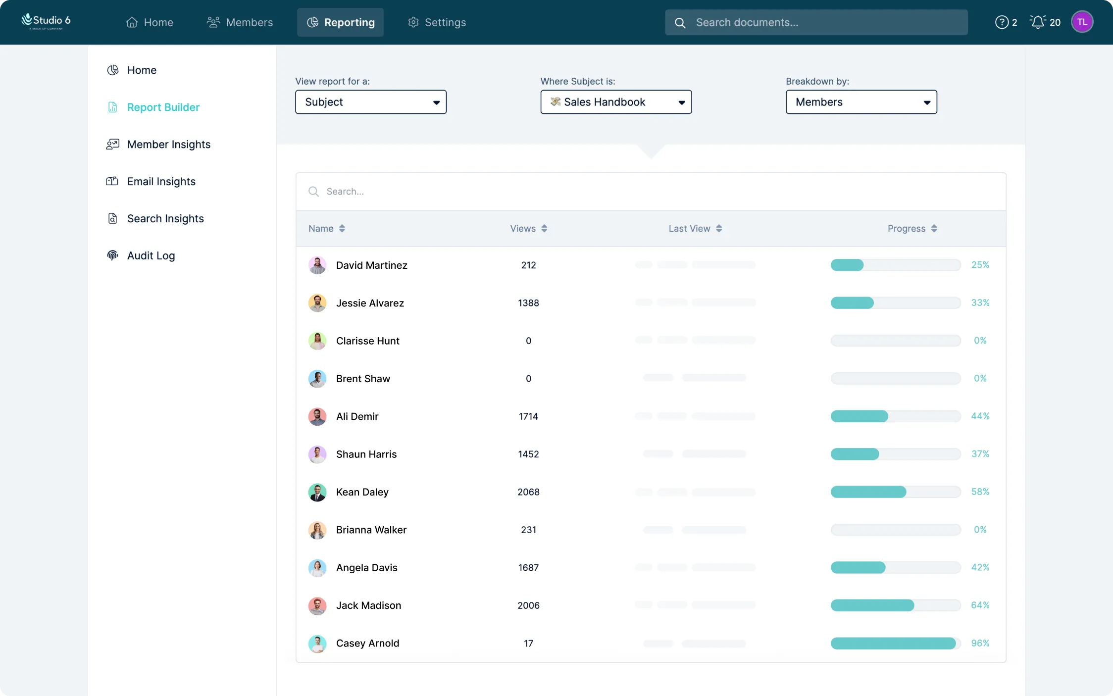 The Waybook report builder showing member progress through a subject